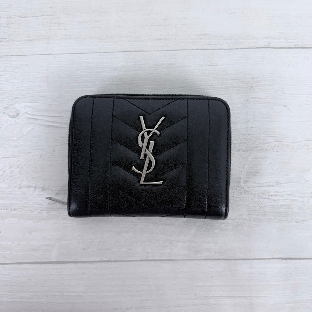 YSL Saint Laurent Compact Zip Wallet Womens Black Leather Matelasse Luxury